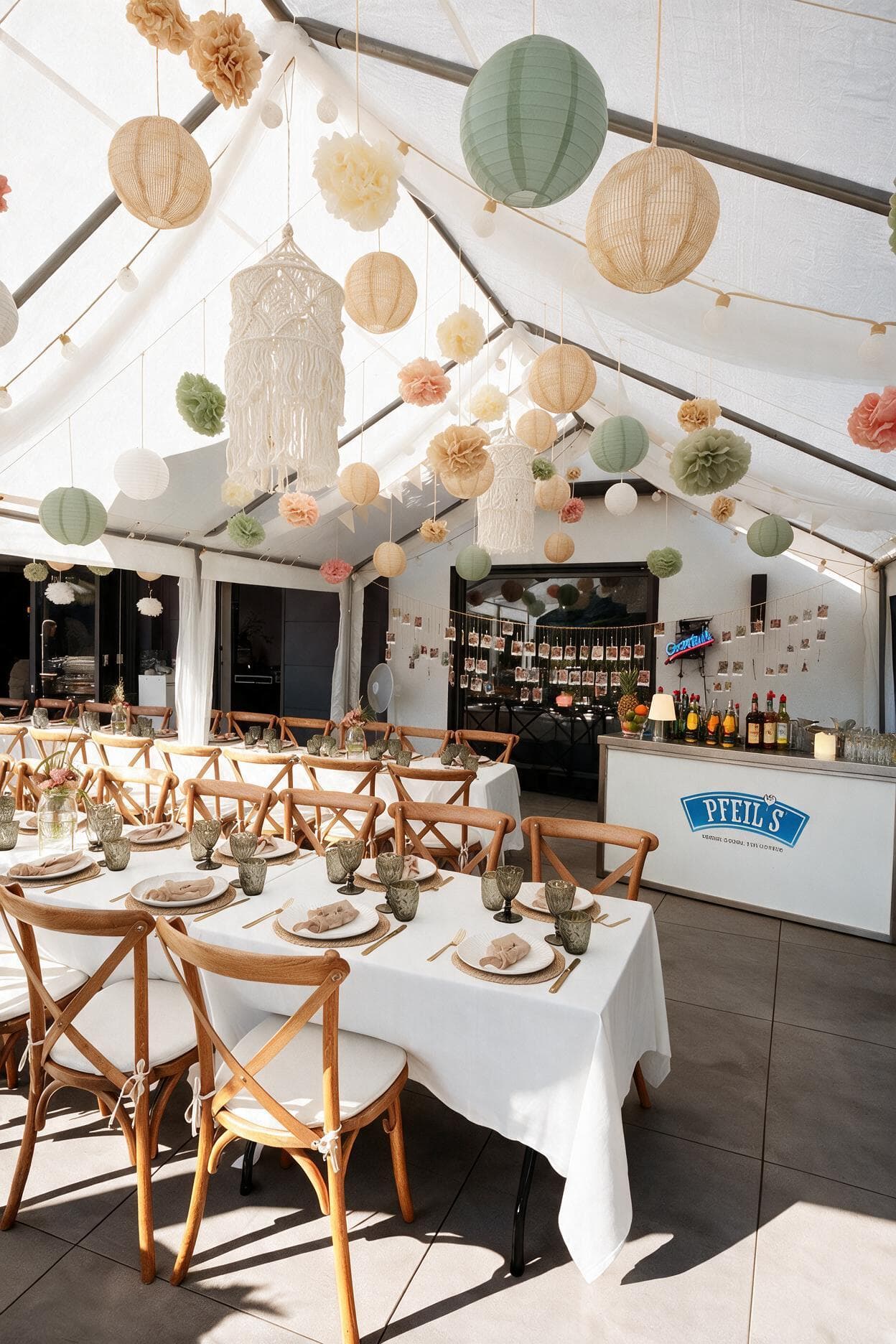 Wedding venue with long decorated tables and Pfeil's Catering cocktail bar in the corner